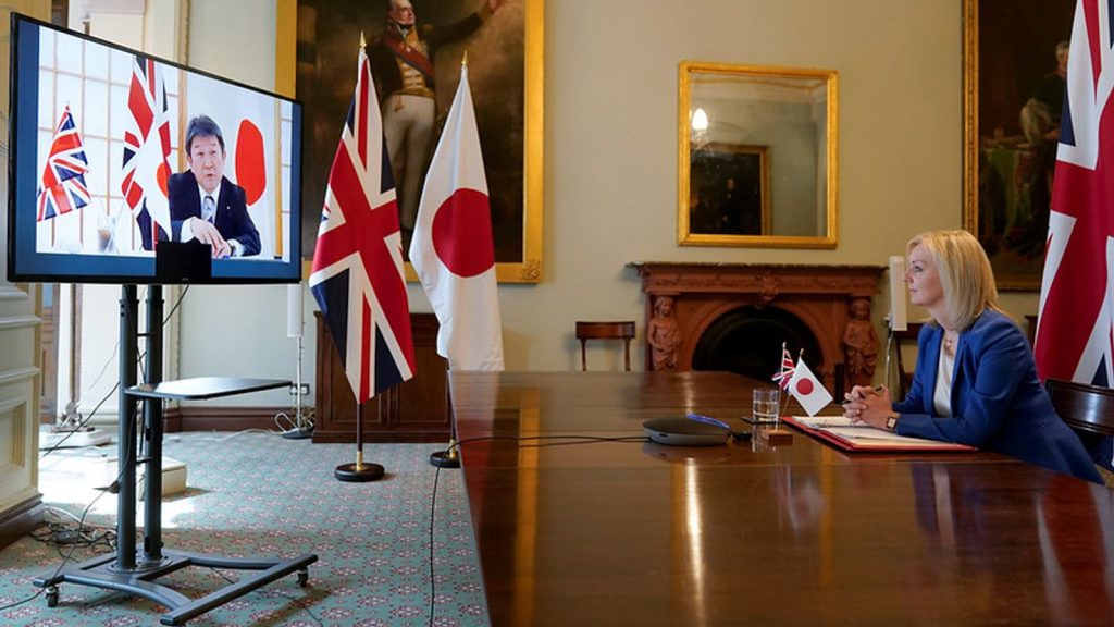 International Trade Secretary Liz Truss talks with Japan Foreign Minister Toshimitsu Motegi in June Pic: Andrew Parsons / 10 Downing Street