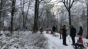 Snow in the park, slippery roads: early winter in Berlin - queuing in front of a toboggan run - Berlin