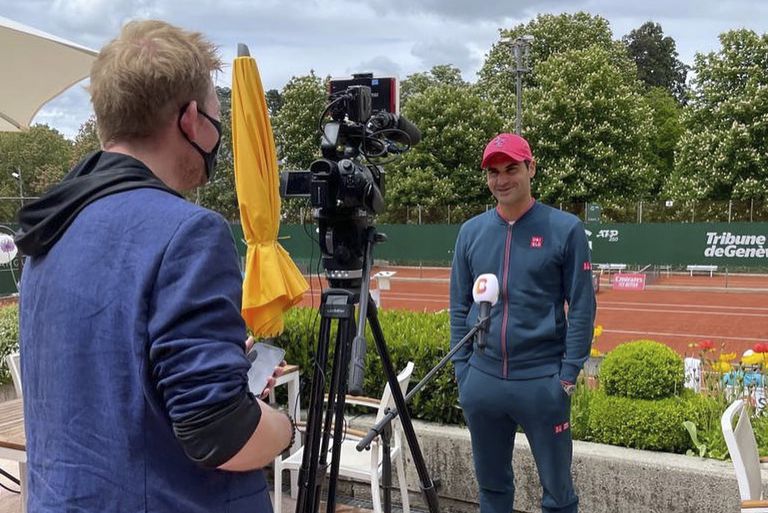 Roger Federer, always a media magnate, this time in Geneva. 